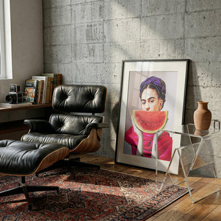A framed Watermelon Frida - Dikhotomy artwork leans against a wall in a modern living room setting.