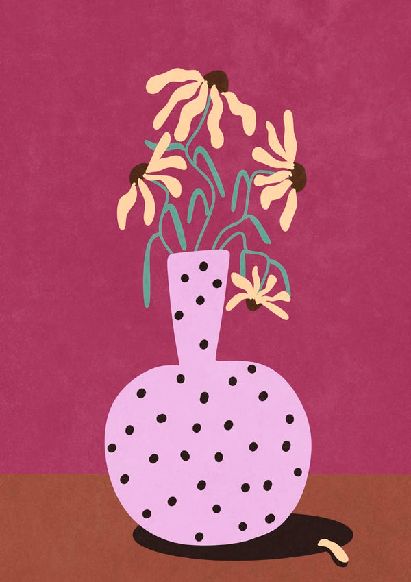 Minimalist illustration of yellow flowers in a polka dot vase against a purple background.