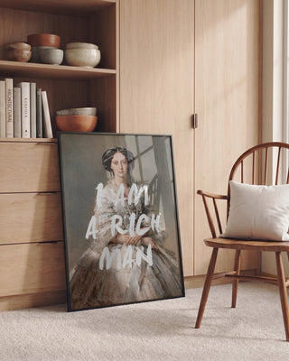 Framed portrait of an elegant man with "I AM A RICH MAN" text, styled for modern home decor.