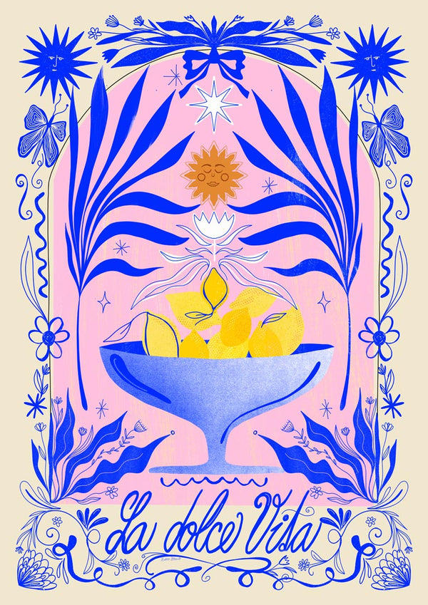 Illustrated bowl of lemons with floral accents and "La dolce vita" text in ornate blue and pink design.