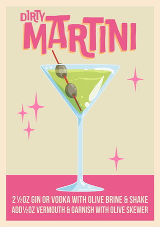 Dirty Martini cocktail wallchart with illustrated martini glass, olives, and recipe instructions.