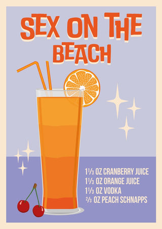 Illustration of a Sex on the Beach cocktail with recipe ingredients, orange slice, and cherries, decorative stars in background.