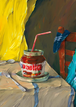 Indulgent Chocolate Moment by Natascha Baumgärtner – jar of chocolate spread with a red straw on a tablecloth