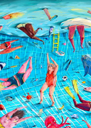 Surreal Pool Fun by Natascha Baumgärtner – swimmers, fish and floating objects in a tilted turquoise pool