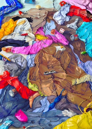 Colorful Clothes Chaos by Natascha Baumgärtner – figure in a pink jacket asleep on a heap of clothes