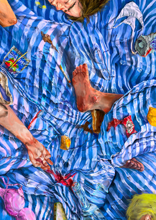 Intimate Morning After by Natascha Baumgärtner – woman asleep on rumpled blue striped sheets after a night out