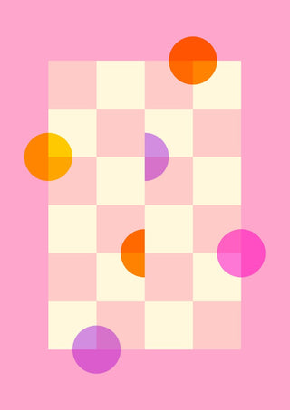 Lunar Play by Nanna Paavig, a cream and pale pink checkerboard poster with orange, purple and magenta circles on bubblegum pink