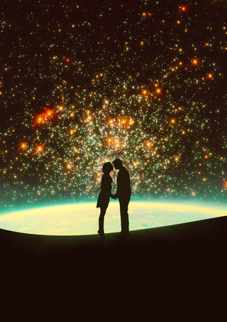 A Cosmic Kiss by Taudalpoi, two silhouetted lovers before a glowing amber star cluster