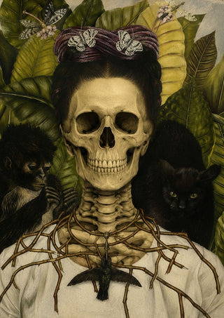 Santa Muerte, A Tribute to Frida Kahlo's Self-Portrait by Devour Art - skull with a thorn necklace and hummingbird, flanked by a monkey and a black cat