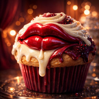 Silent Indulgence – Velvet Edition by Devour Art - cupcake with glossy red lips and dripping cream icing