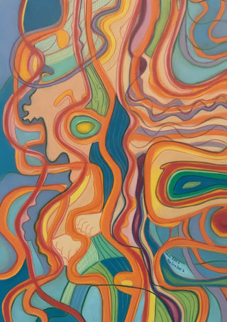 Old Man Running by Gerard Ceulemans - abstract pastel of a figure in profile with flowing orange, red and lilac lines on teal