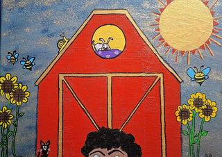 Innocence by Naïve Art by YLR - a red barn with rabbits in the loft among sunflowers, bees and a gold sun
