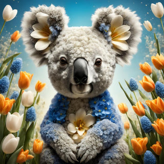 Soft Blossom Spirit by Devour Art - a koala made of white and blue petals sitting among orange tulips