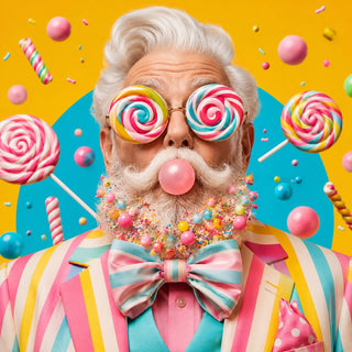 Sweet Authority by Devour Art - an older man with lollipop glasses and a beard full of gumballs