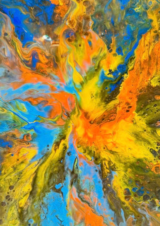 Solar Bloom by Da Winters - orange, yellow and blue acrylic flowing out from a single point