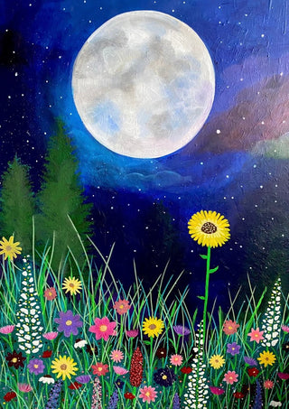 Moonlit Wildflowers by Art By Biba - a sunflower and a wild meadow under a full moon in a deep blue sky