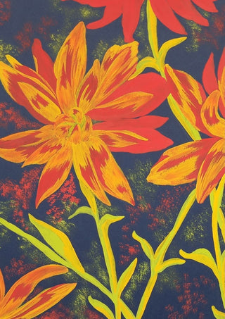 Fiori arancio by Maria Emanuela Fiori - orange and yellow lilies across a flecked dark navy ground
