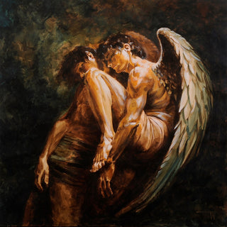 Embrace by VanW - a winged figure leaning over a turned-away figure in ochre and umber against near black
