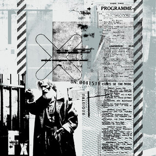 Events of the Week by Dada - a radio listings column, hazard stripes and a cut-out man kept in greys