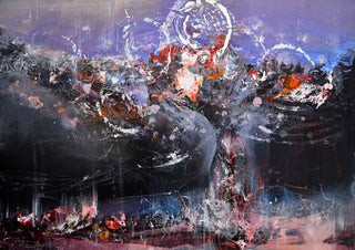Kafkian eternity with flowers at 7 pm 13.08.2020 by Ovidiu Kloska - dark abstract landscape with red and orange bursts under a lavender sky