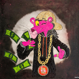 The Naughty Pink Panther III by Laura Notari - Pink Panther in a hoodie and gold chain throwing dollar bills
