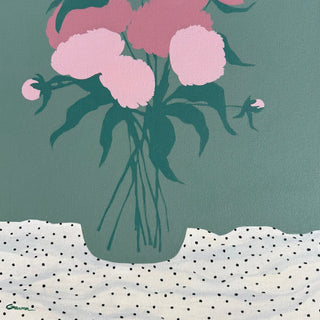Peonies by Elva Garma - pink peonies in a teal vase on a white polka-dot cloth