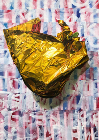 America by Adrian DeDea - crumpled gold foil on a red, white and blue graffiti background