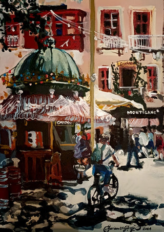 Morning errand in Valletta by Mariam De Giorgio - sunny Valletta street with a green-domed kiosk and a cyclist