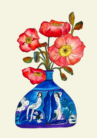 Laides Red Poppy by Marjorie Salvagni - red poppies in a wide cobalt vase painted with two figures