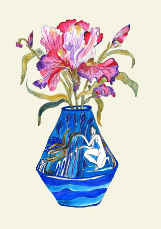 Laides Iris by Marjorie Salvagni - pink and violet irises in a faceted cobalt vase