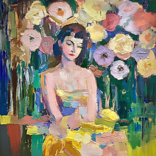 Woman among Flowers by Elena Avanesova - dark-haired woman in a yellow dress surrounded by pink, lilac and cream blooms