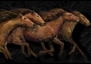 Mustangs by Designus - five wild horses in copper line work galloping on black