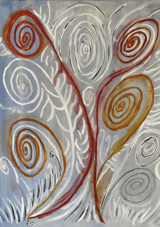 Coil by Fábio Diniz Art - rust red and ochre spiral stems among white swirls on blue-grey