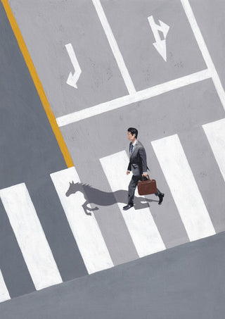 Dark horse by Jaron Su - man on a crossing with a galloping horse as his shadow