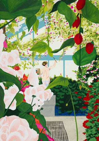 Artist paints in naked workshop by Jaron Su - painter at work in a glasshouse full of flowers