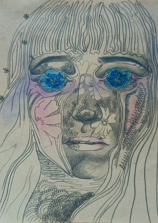 Awe by Alice Ruja - pencil portrait of a woman with long hair and blue flowers for eyes