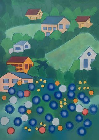 View from above by Gerard Ceulemans - green hillside with small colourful houses, a flying blackbird and round blue flowers