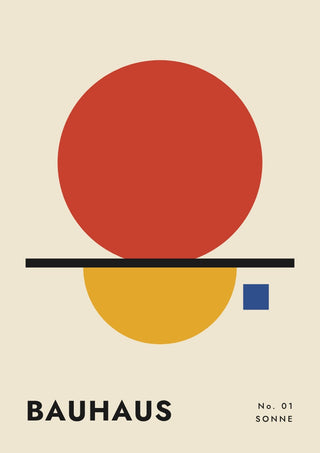 Bauhaus Sonne by ARTSY FARTSY, Bauhaus poster with red sun over a black line with a mustard half circle on cream