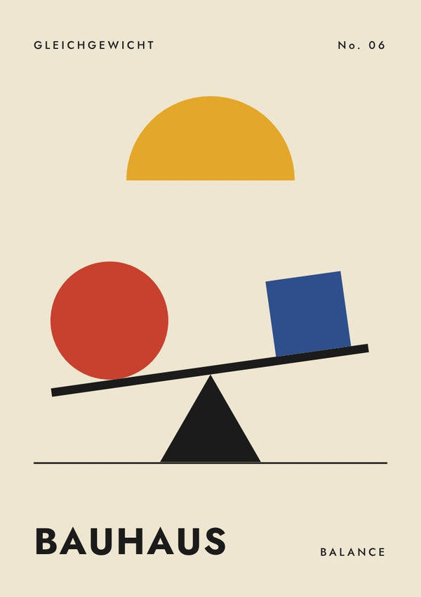 Bauhaus Balance by ARTSY FARTSY, Bauhaus poster with red circle and blue square balanced on a black seesaw on cream