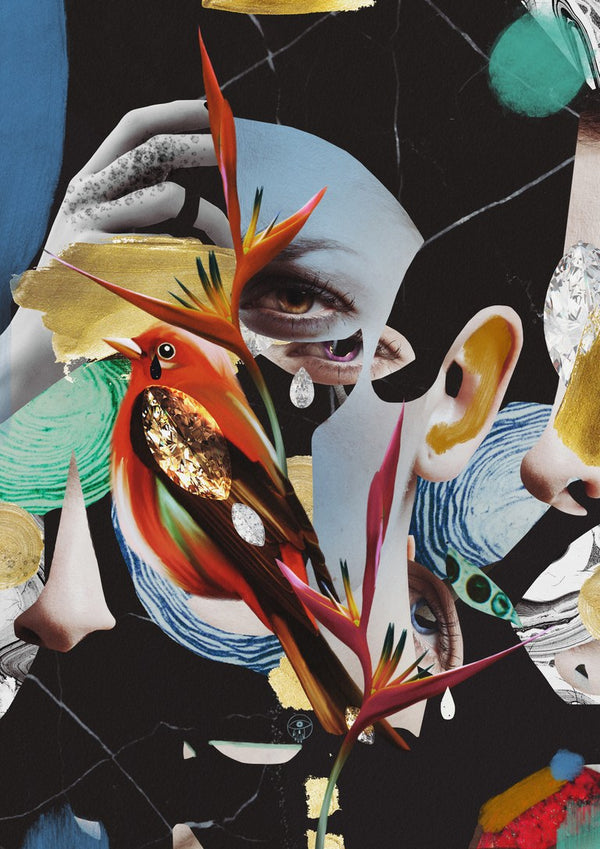 I've never woken up so early by Rocio Montoya - a red bird and cut faces on a black collage ground