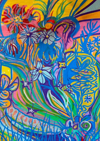 Garden Party by Da Winters - blue-outlined flowers and leaves over bands of yellow, pink and green