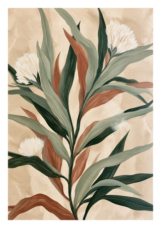 Sage and Rust by Martina Karlsson - long sage and rust leaves with three white flowers on a sand-coloured ground