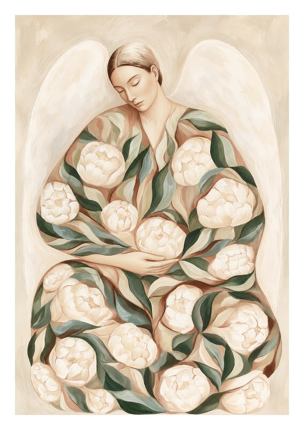 Peony Angel by Martina Karlsson - a winged figure with a body of cream peonies and green leaves