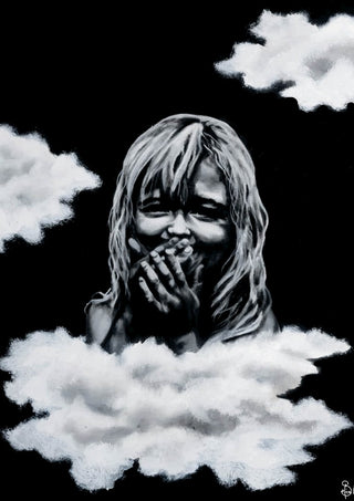 innocence by Sofia de Lemos - a laughing girl among white clouds on a black ground
