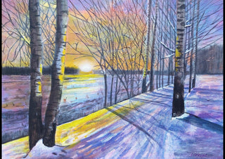 Late Afternoon in Winter by Finbar Stevens - birch trunks and violet shadows across snow
