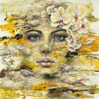 Symbiose by Anke Fillies - a woman's face among orchids and fish in ochre and yellow