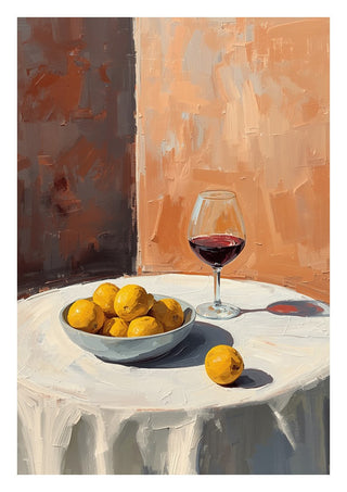 Summer scene: Lemons and wine by Ohkimiko - a bowl of lemons and a glass of red wine on a white cloth