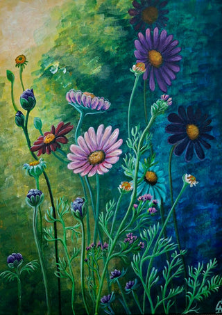 Daisies at Dusk by Svetla Stoyanova Bassi - violet, pink and turquoise daisies on tall green stems
