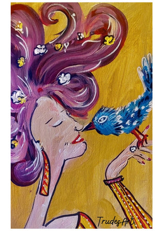 Vogelfrei by Trude - a woman in profile kissing a turquoise bird on a golden yellow ground