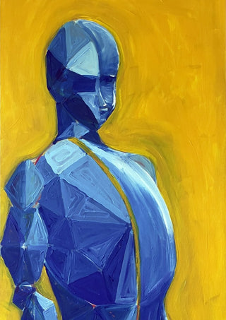 Blue figure / yellow field by Linor Citaku - a faceted blue figure against a warm yellow ground